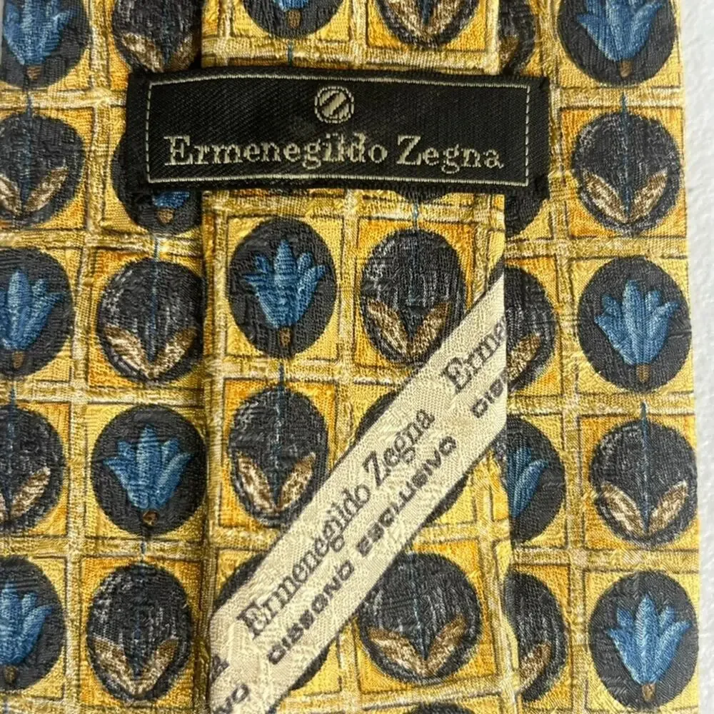 Ermenegildo Zegna Men's 100% Silk Yellow with Floral/ Geometric Pattern Tie